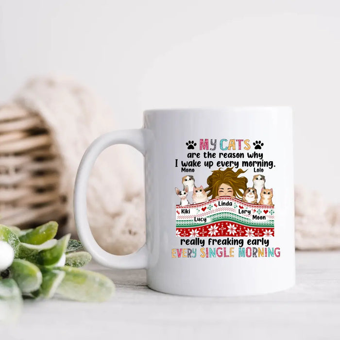 Personalized Cat Mom Coffee Mug - Gift Idea For Mom/Cat Lovers - Up to 6 Cats - My Cats Are The Reason Why I Wake Up Every Morning