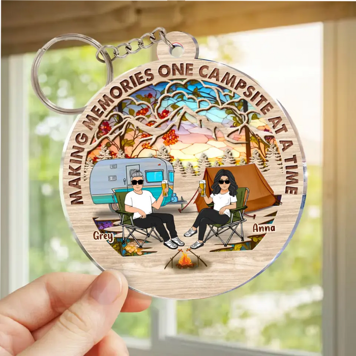 Custom Personalized Camping Couple Suncatcher Acrylic Keychain - Gift Idea For Camping/Dog/Cat Lover - Upto 4 Pets - Making Memories One Campsite At A Time