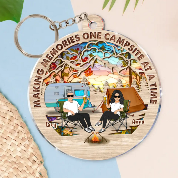 Custom Personalized Camping Couple Suncatcher Acrylic Keychain - Gift Idea For Camping/Dog/Cat Lover - Upto 4 Pets - Making Memories One Campsite At A Time