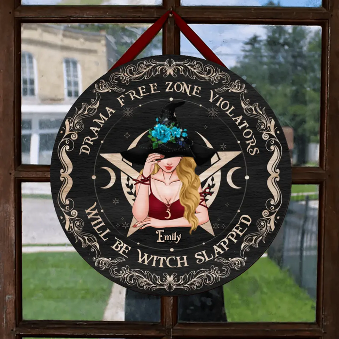 Personalized Witch Circle Door Sign - Halloween Gift Idea - Drama Free Zone Violators Will Be Witch Slapped