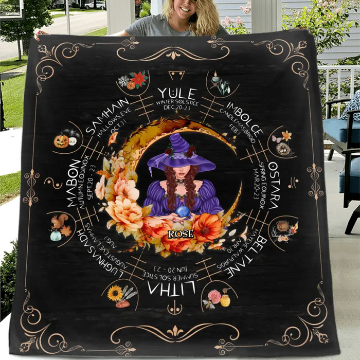 Custom Personalized Witch Calendar Floral Frame Single Layer Fleece/Quilt Blanket - Gift Idea For Halloween/Witch Lovers