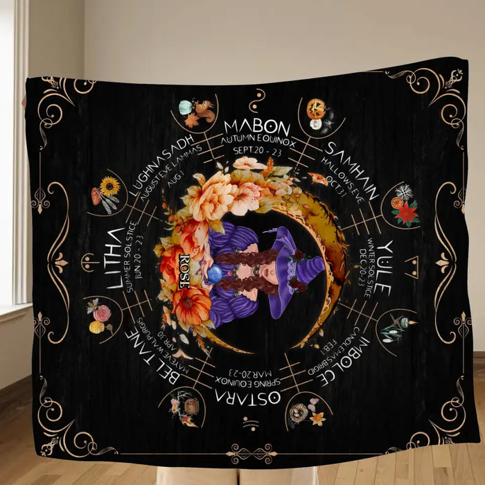 Custom Personalized Witch Calendar Floral Frame Single Layer Fleece/Quilt Blanket - Gift Idea For Halloween/Witch Lovers