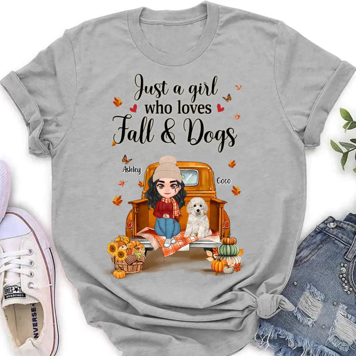 Custom Personalized Autumn Dog Mom Shirt/ Hoodie - Gift Idea For Dog Lovers - Upto 5 Dogs - Just A Girl Who Loves Fall And Dogs