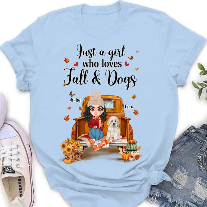 Custom Personalized Autumn Dog Mom Shirt/ Hoodie - Gift Idea For Dog Lovers - Upto 5 Dogs - Just A Girl Who Loves Fall And Dogs