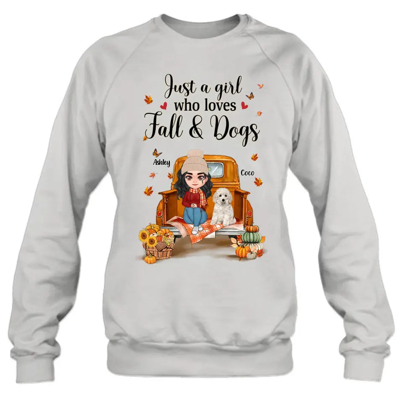 Personalized Autumn Dog Mom Shirt/Hoodie - Gift Idea For Dog Lovers - Up to 5 Dogs - Just A Girl Who Loves Fall And Dogs