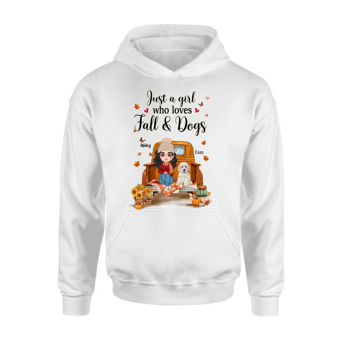 Custom Personalized Autumn Dog Mom Shirt/ Hoodie - Gift Idea For Dog Lovers - Upto 5 Dogs - Just A Girl Who Loves Fall And Dogs