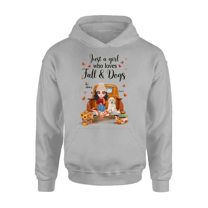 Custom Personalized Autumn Dog Mom Shirt/ Hoodie - Gift Idea For Dog Lovers - Upto 5 Dogs - Just A Girl Who Loves Fall And Dogs