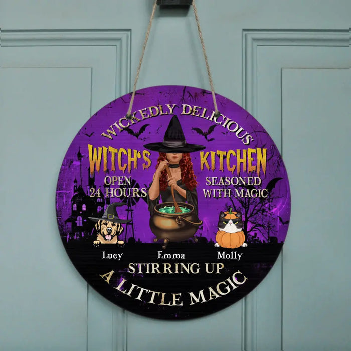 Personalized Witch Circle Door Sign - Halloween/ Witch/ Pagan/ Wicca Decor/Pet Lovers Gift With Upto 6 Pets - Wickedly Delicious Witch's Kitchen