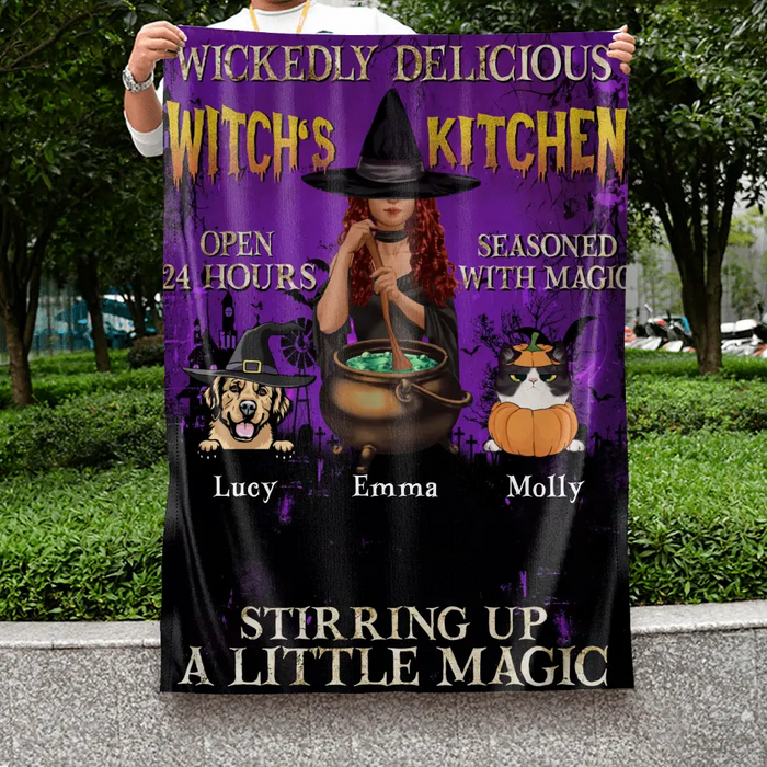 Personalized Witch Flag Sign - Halloween/ Witch/ Pagan/ Wicca Decor/Pet Lovers Gift With Upto 6 Pets - Wickedly Delicious Witch's Kitchen