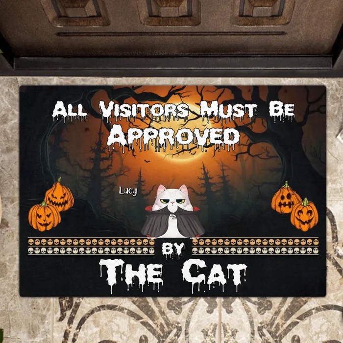 Custom Personalized Halloween Cat Doormat - Upto 6 Cats - Halloween Gift Idea For Cat Lovers - All Visitors Must Be Approved By The Cat