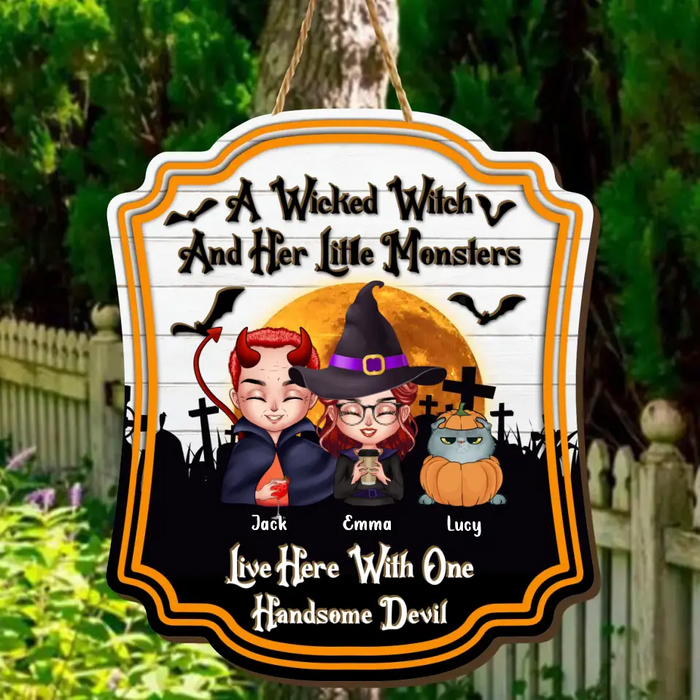 Custom Personalized Halloween Witch Wooden Sign - Adult/Couple With Upto 6 Cats/Dogs - Halloween Gift For Couple/Pet Lovers - A Wicked Witch And Her Little Monsters Live Here