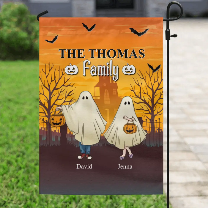 Personalized Halloween Ghost Flag Sign - Halloween Gift For Couple/Family - Upto 5 People With 4 Pets - The Thomas Family