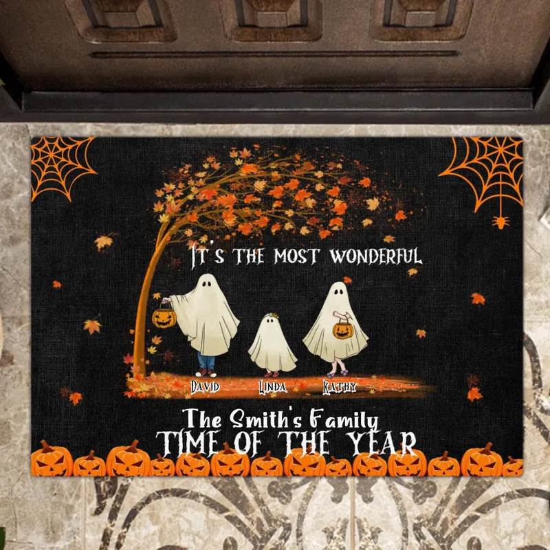 Personalized Halloween Ghost Family Doormat - Halloween Gift For Couple/Family - Up to 6 People With 3 Pets - It's The Most Wonderful Time Of The Year