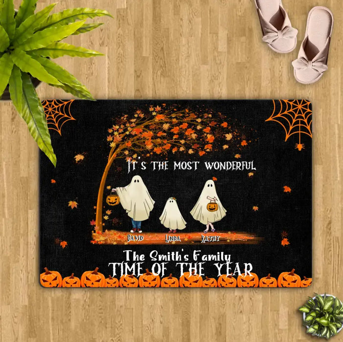 Personalized Halloween Ghost Family Doormat - Halloween Gift For Couple/Family - Upto 6 People With 3 Pets - It's The Most Wonderful Time Of The Year