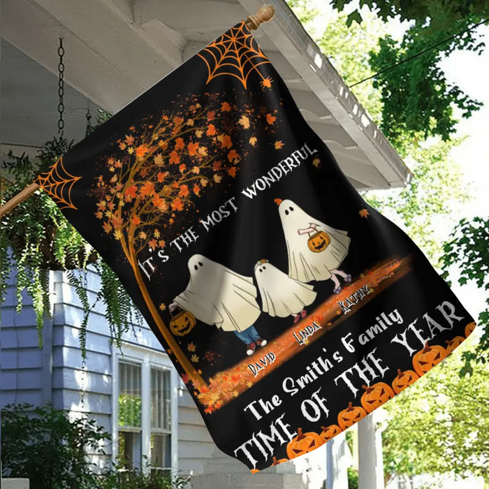 Personalized Halloween Ghost Family Flag Sign - Halloween Gift For Couple/Family - Upto 6 People With 3 Pets - It's The Most Wonderful Time Of The Year