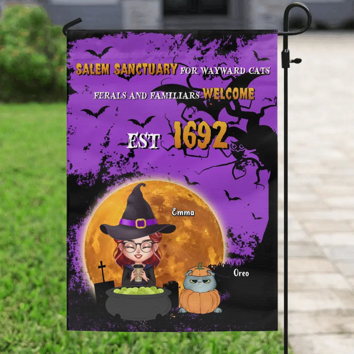 Custom Personalized Wicked Witch Flag Sign - Halloween Gift For Couple/ Dog/Cat Lovers - Adult/ Couple With Upto 4 Pets - Salem Sanctuary For Wayward Cats Ferals And Familiars Welcome Est 1692