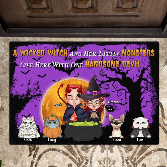 Custom Personalized Witch Doormat - Halloween Gift For Dog/Cat Lovers - Adult/ Couple With Upto 6 Pets - A Wicked Witch And Her Little Monsters Live Here