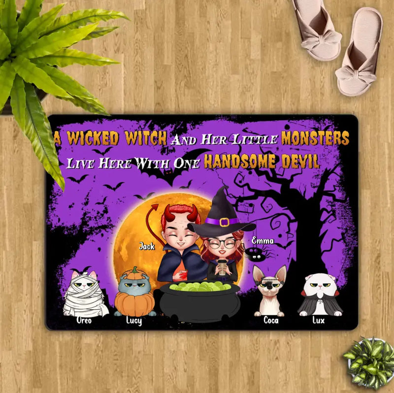 Personalized Witch Doormat - Halloween Gift For Dog/Cat Lovers - Adult/Couple With Up to 6 Pets - A Wicked Witch And Her Little Monsters Live Here