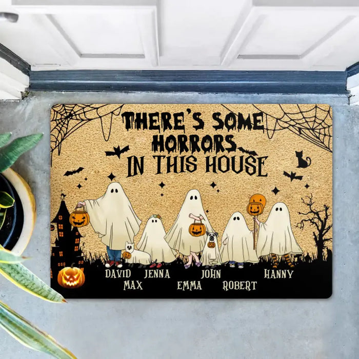 Personalized Halloween Ghost Family Doormat - Halloween Gift For Couple/Family - Upto 5 People With 4 Pets - There's Some Horrors In This House