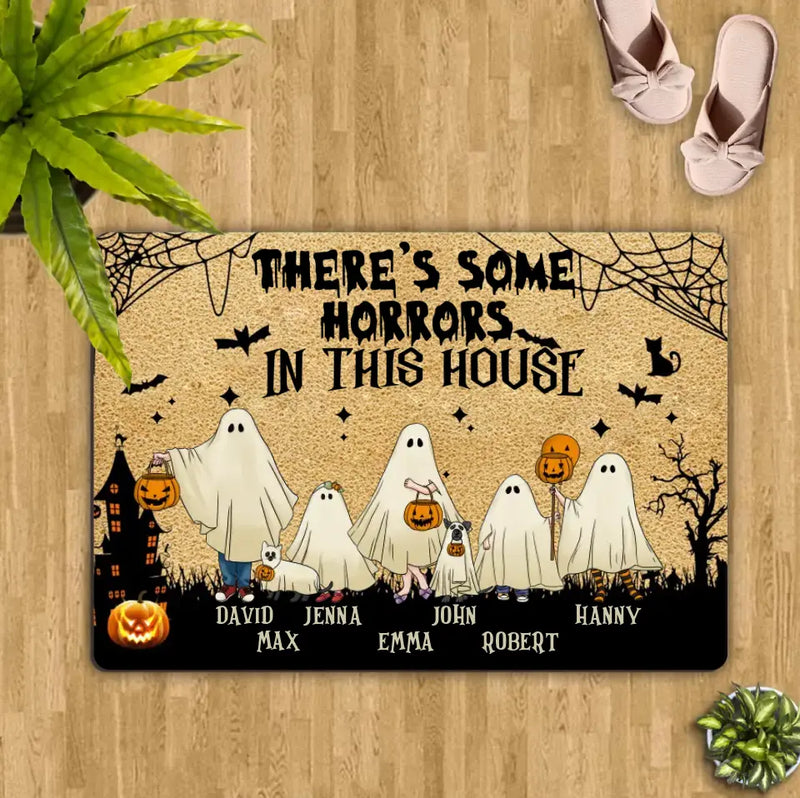 Personalized Halloween Ghost Family Doormat - Halloween Gift For Couple/Family - Up to 5 People With 4 Pets - There's Some Horrors In This House