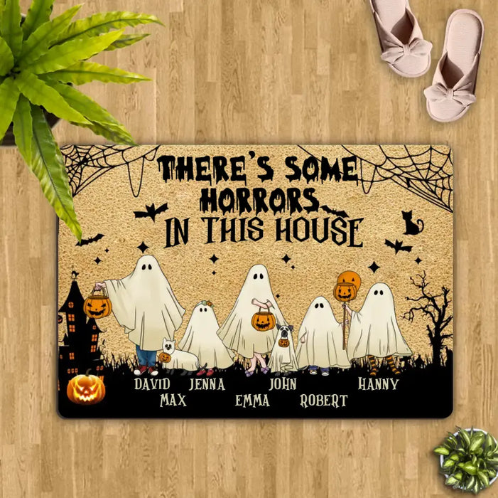 Personalized Halloween Ghost Family Doormat - Halloween Gift For Couple/Family - Upto 5 People With 4 Pets - There's Some Horrors In This House