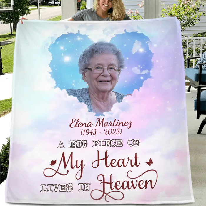 Custom Personalized Memorial Photo Single Layer Fleece/Quilt Blanket - Memorial Gift Idea For Family Member - A Big Piece Of My Heart Lives In Heaven