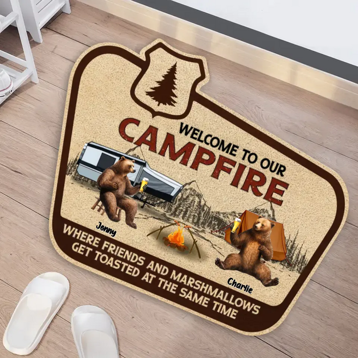 Custom Personalized Camping Doormat - Upto 7 Friends - Gift Idea For Camping Lovers/Friends - Welcome To Our Campfire