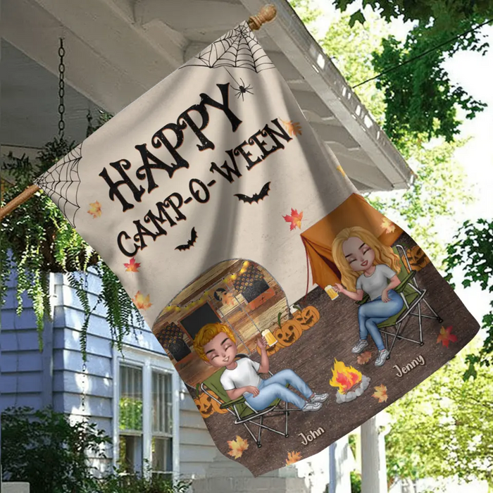 Custom Personalized Halloween Camping Flag Sign - Upto 7 People - Halloween/ Autumn Gift Idea for Camping Lovers/ Couple/ Friends - Happy Camp-O-Ween