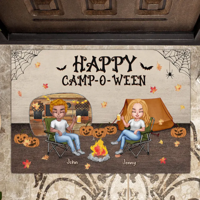 Custom Personalize Halloween Camping Friends Doormat - Halloween Gift Idea For Camping Lovers - Autumn Gift - Upto 7 People - Happy Camp-O-Ween