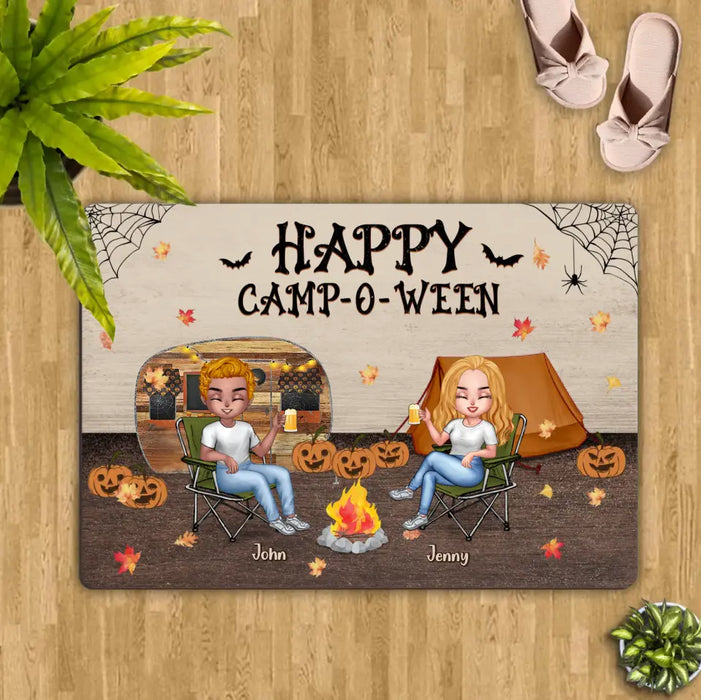 Custom Personalize Halloween Camping Friends Doormat - Halloween Gift Idea For Camping Lovers - Autumn Gift - Upto 7 People - Happy Camp-O-Ween