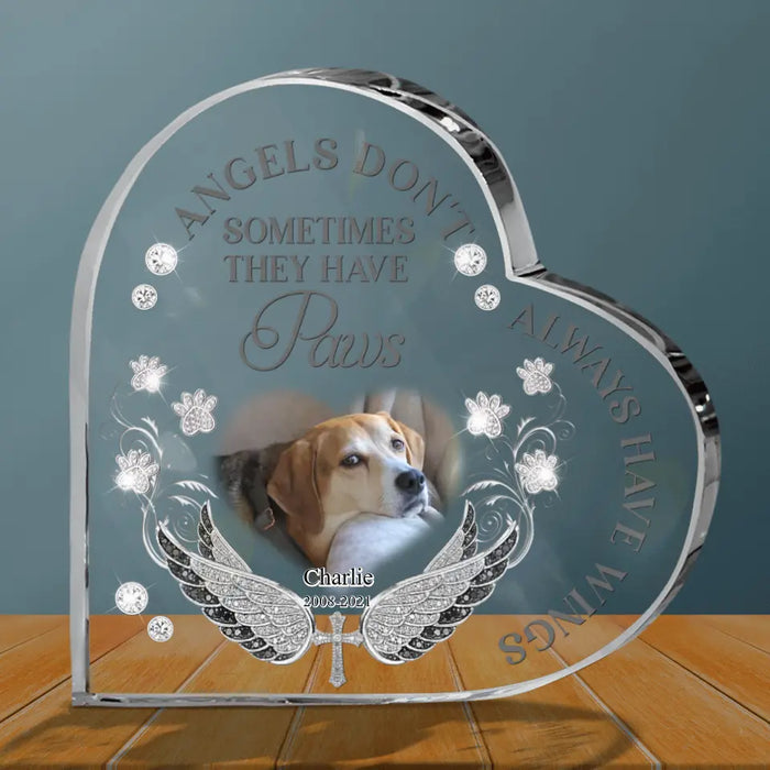 Personalized Memorial Pet Crystal Heart - Upload Dog/ Cat Photo - Memorial Gift Idea For Pet Owners - Angels Don't Always Have Wings Sometimes They Have Paws