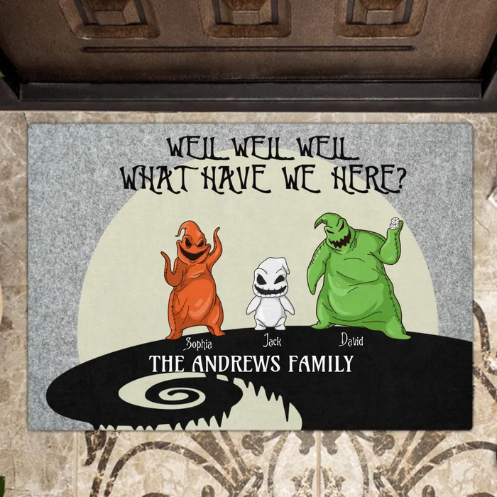 Custom Personalized Oogie Boogie Family Doormat - Upto 3 Kids - Funny Halloween Gift Idea For Family - Well Well Well What Have We Here