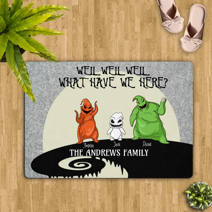 Custom Personalized Oogie Boogie Family Doormat - Upto 3 Kids - Funny Halloween Gift Idea For Family - Well Well Well What Have We Here