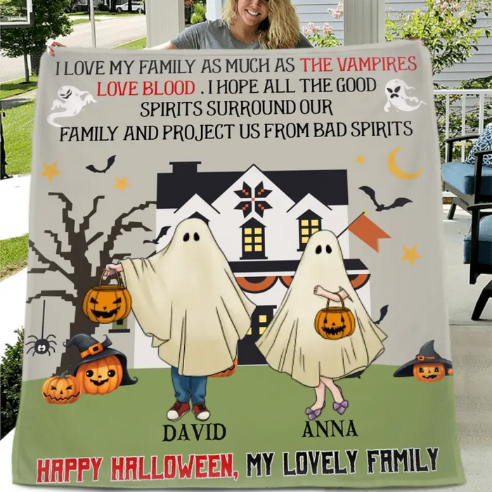 Personalized Halloween Ghost Family Quilt/Single Layer Fleece Blanket - Halloween Gift For Couple/Family - Upto 5 People With 4 Pets - I Love My Family