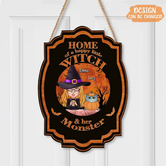 Custom Personalized Witch Wooden Sign - Upto 6 Cats/Dogs - Halloween Gift Idea for Dog/Cat Lovers - Home Of A Happy Little Witch & Her Monster