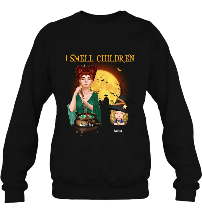 Custom Personalized Grandma Witch Shirt/ Hoodie - Halloween Gift Idea For Grandma/ Mother - Woman With Upto 6 Kids - I Smell Children