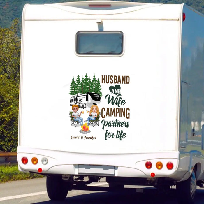 Custom Personalized Husband And Wife Camping 3D Decal - Gift Idea For Couple/Camping Lovers/RVs Owners - Let's Sit By The Campfire And Watch People Park Their Campers