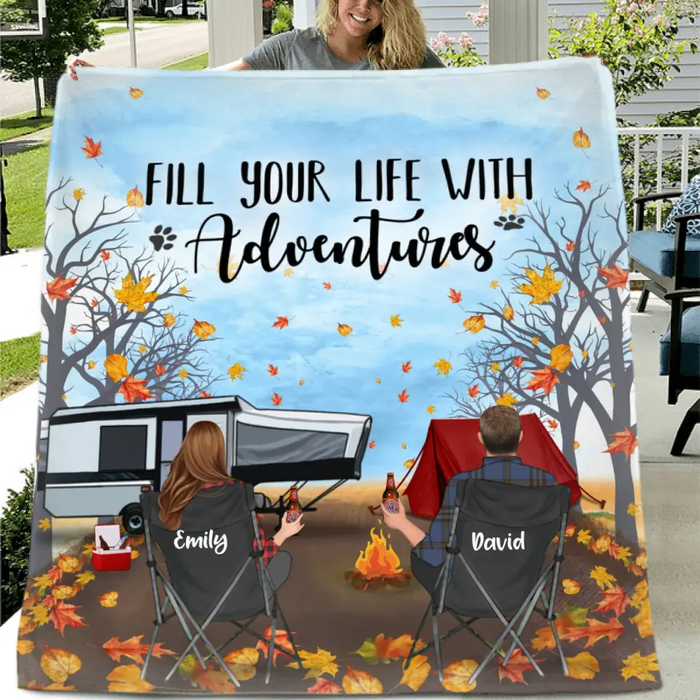 Custom Personalized Autumn Camping Quilt/Single Layer Fleece Blanket - Couple/ Parents With Upto 3 Kids And 3 Pets - Gift For Camping Lovers -Fill Your Life With Adventures