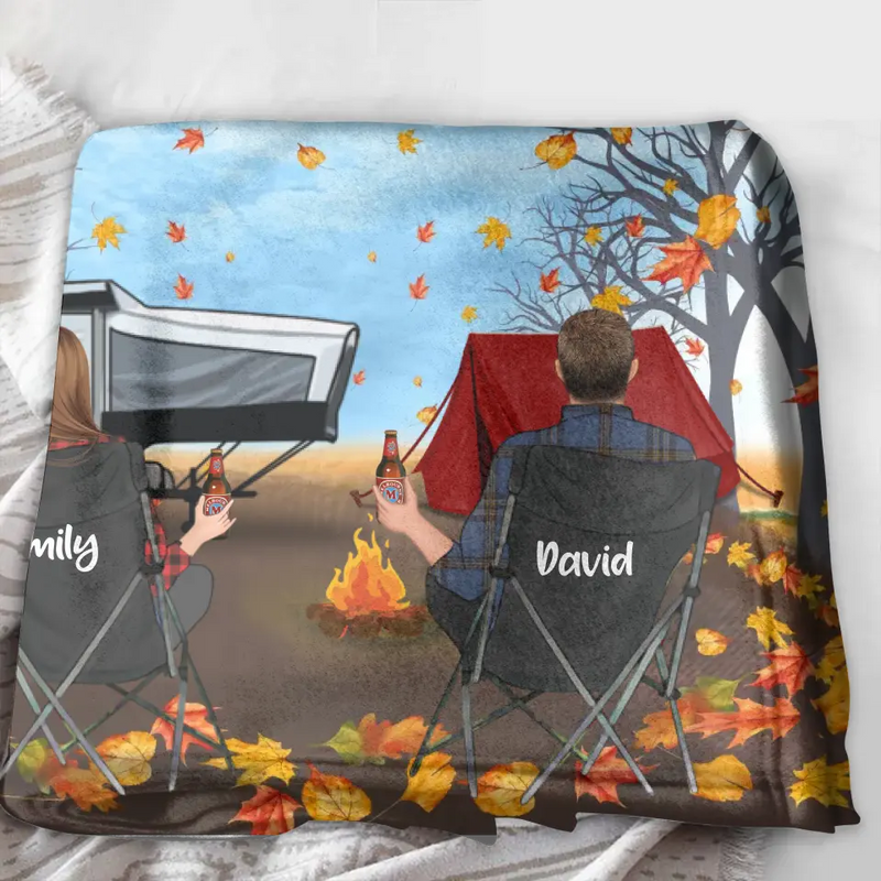 Personalized Autumn Camping Quilt/Fleece Throw Blanket - Couple/Parents With Up to 3 Kids And 3 Pets - Gift For Camping Lovers - Fill Your Life With Adventures