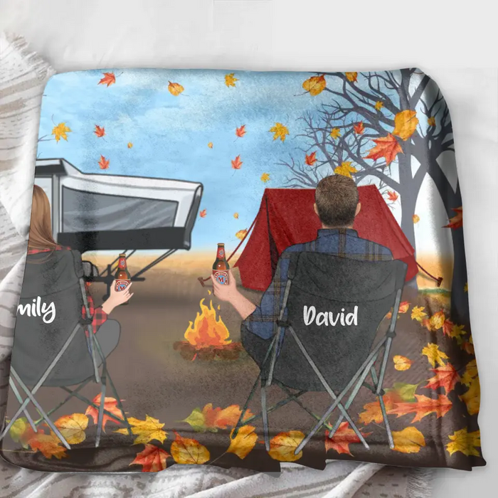 Custom Personalized Autumn Camping Quilt/Single Layer Fleece Blanket - Couple/ Parents With Upto 3 Kids And 3 Pets - Gift For Camping Lovers -Fill Your Life With Adventures