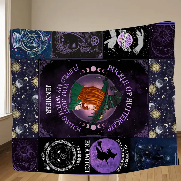 Custom Personalized Witch Quilt/Single Layer Fleece Blanket - Halloween Gift Idea For Witch Lovers - Buckle Up Buttercup