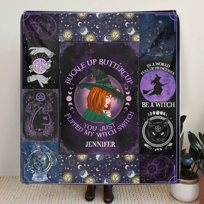 Custom Personalized Witch Quilt/Single Layer Fleece Blanket - Halloween Gift Idea For Witch Lovers - Buckle Up Buttercup