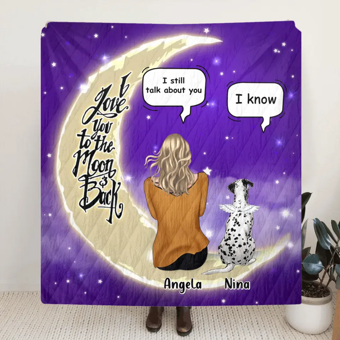 Custom Personalized Memorial Pet Pillow Cover/Quilt/Single Layer Fleece Blanket - Upto 4 Pets - Memorial Gift for Christmas/Dog/Cat/Rabbit Owners - I Love You To The Moon & Back