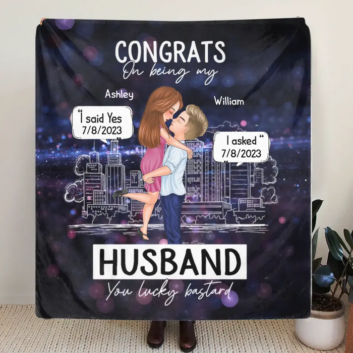 Personalized Couple Quilt/Single Layer Fleece Blanket - Wedding/Anniversary Gift Idea for Couple -Congrats On Being My Husband You Lucky Bastard