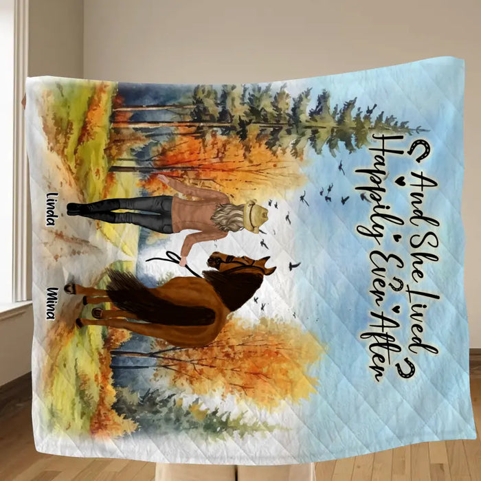 Custom Personalized Horse Girl Fall Season Quilt/Single Layer Fleece Blanket - Gift Idea For Horse Lovers - Up To 6 Horses - Just A Girl Who Loves Horses