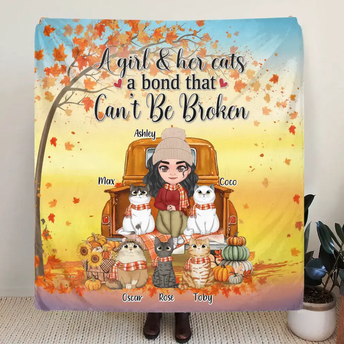 Custom Personalized Cat Mom Fall Season Quilt/Single Layer Fleece Blanket - Gift Idea For Cat Lovers - Up To 5 Cats - A Girl & Her Cats A Bond That Can't Be Broken