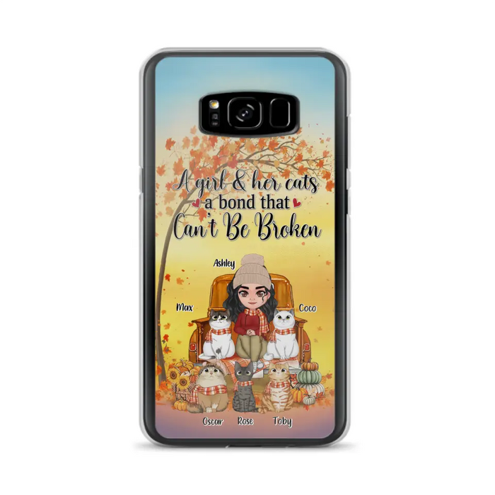 Custom Personalized Cat Mom Fall Season Phone Case - Gift Idea For Cat Owners - Upto 5 Cats -  Case For iPhone/Samsung - A Girl & Her Cats A Bond That Can't Be Broken