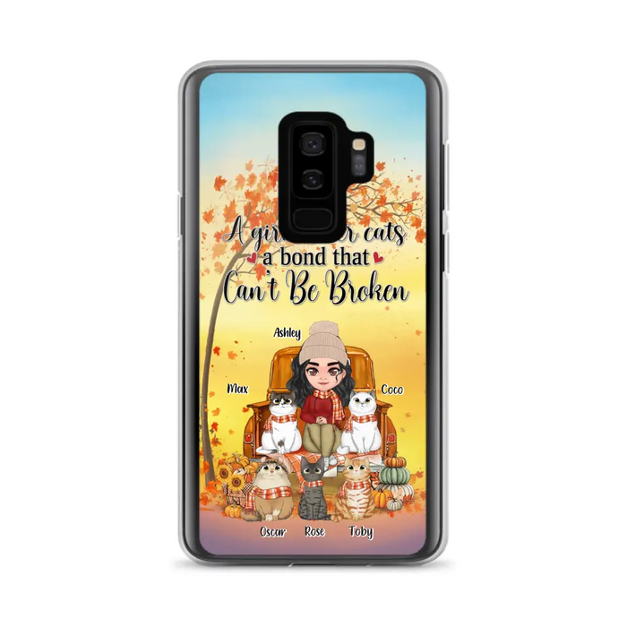 Custom Personalized Cat Mom Fall Season Phone Case - Gift Idea For Cat Owners - Upto 5 Cats -  Case For iPhone/Samsung - A Girl & Her Cats A Bond That Can't Be Broken