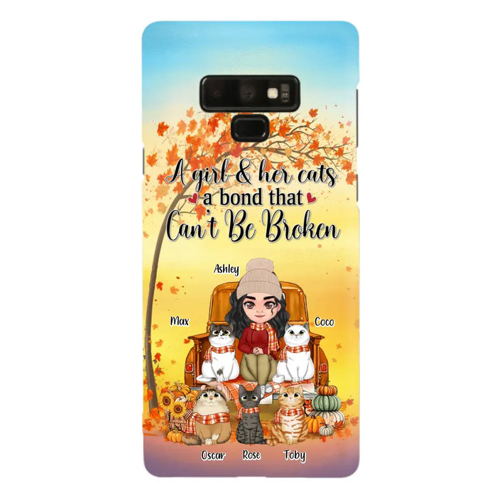 Custom Personalized Cat Mom Fall Season Phone Case - Gift Idea For Cat Owners - Upto 5 Cats -  Case For iPhone/Samsung - A Girl & Her Cats A Bond That Can't Be Broken