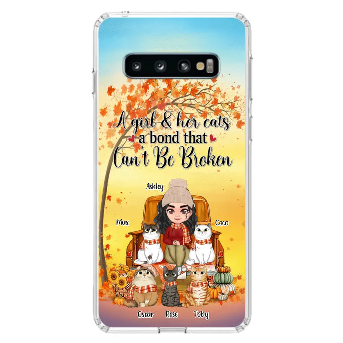 Custom Personalized Cat Mom Fall Season Phone Case - Gift Idea For Cat Owners - Upto 5 Cats -  Case For iPhone/Samsung - A Girl & Her Cats A Bond That Can't Be Broken